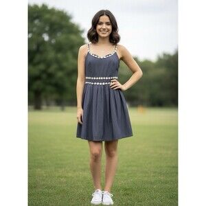 MODCLOTH Chambray Sundress Jr Size XXL Blue With Daisy Trim Lined Knee Length